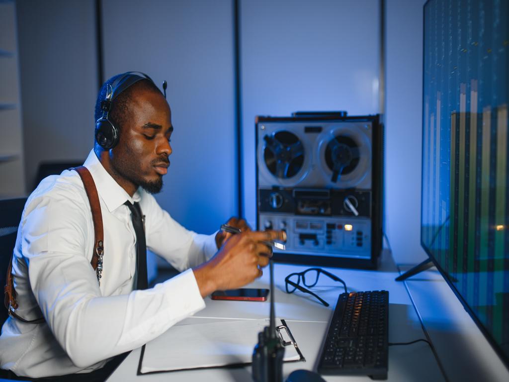 Secret agent listens on the reel tape recorder. Officer wiretapping in headphones